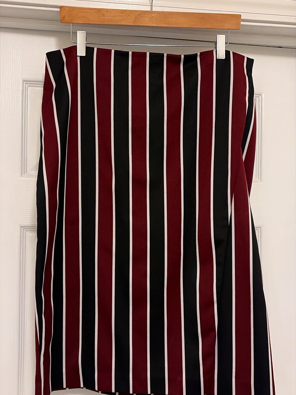 New York & Company Burgundy, Black and White Vertical Stripe Pencil Skirt
